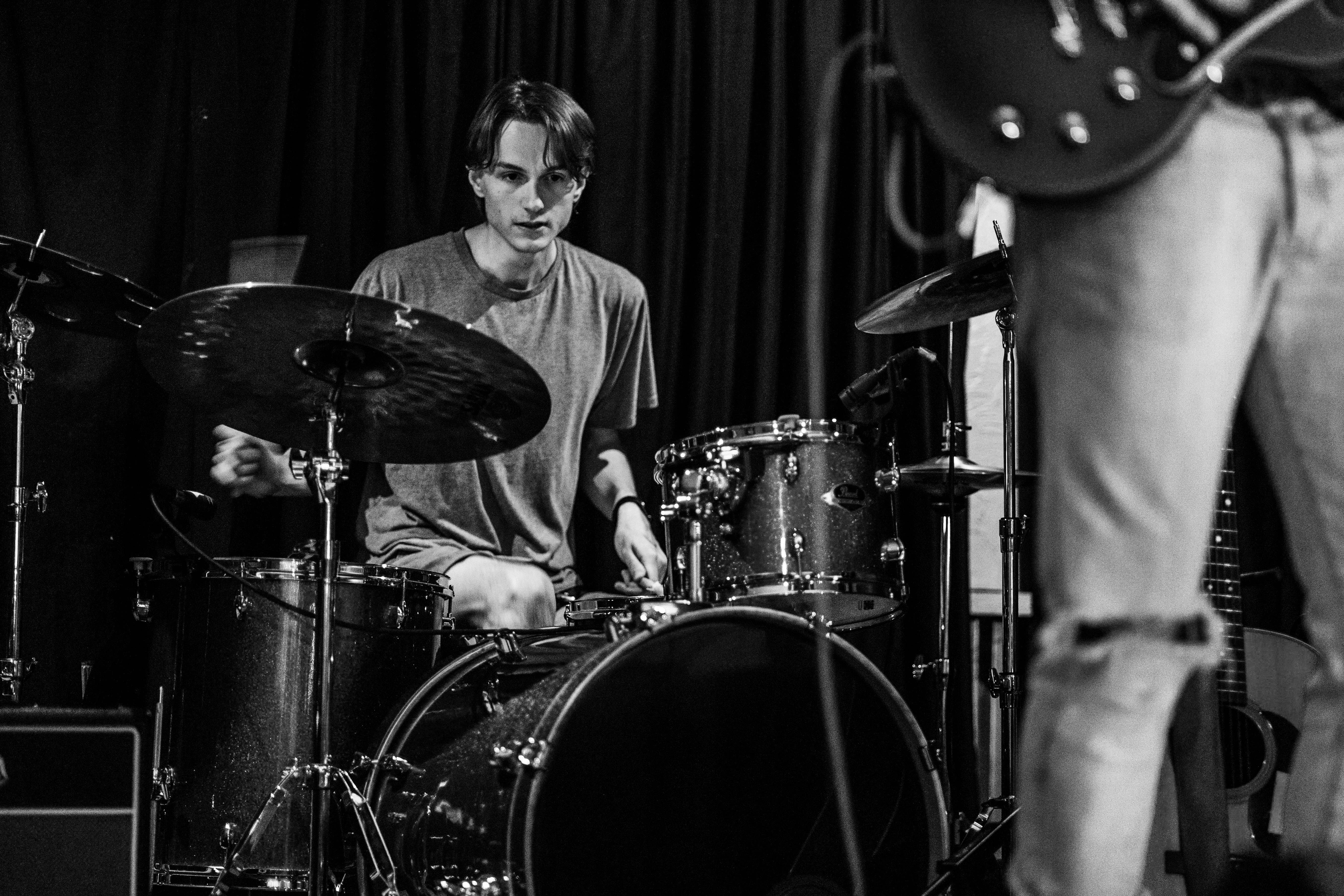 Stephen on drums, listening intently